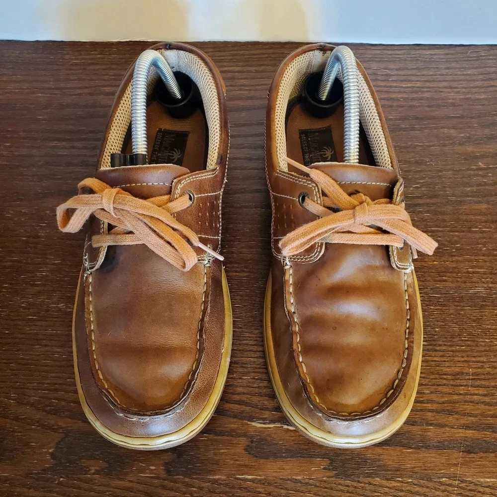 Margaritaville 'DREAMIN' Leather Mens Size 8 Anchor Tan Boat Shoes 2-Eye Loafers
